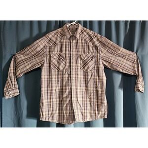 GC Blue Men's Brown Plaid Long Sleeved Pearl Snap Button Up Shirt XL